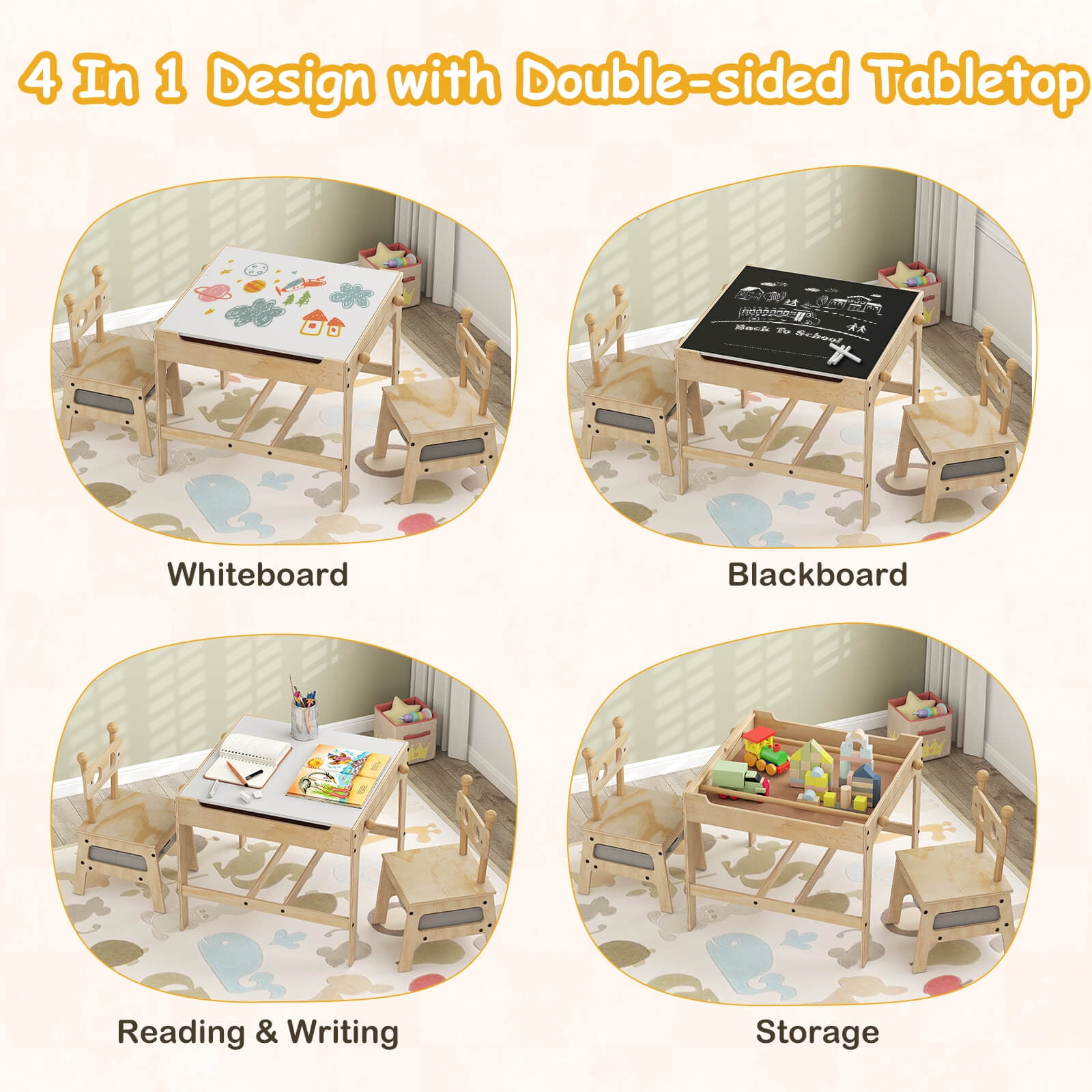 Costway Kids Table and Chairs Set 4 in 1 Children Activity Table with Reversible Whiteboard Gray+Natural