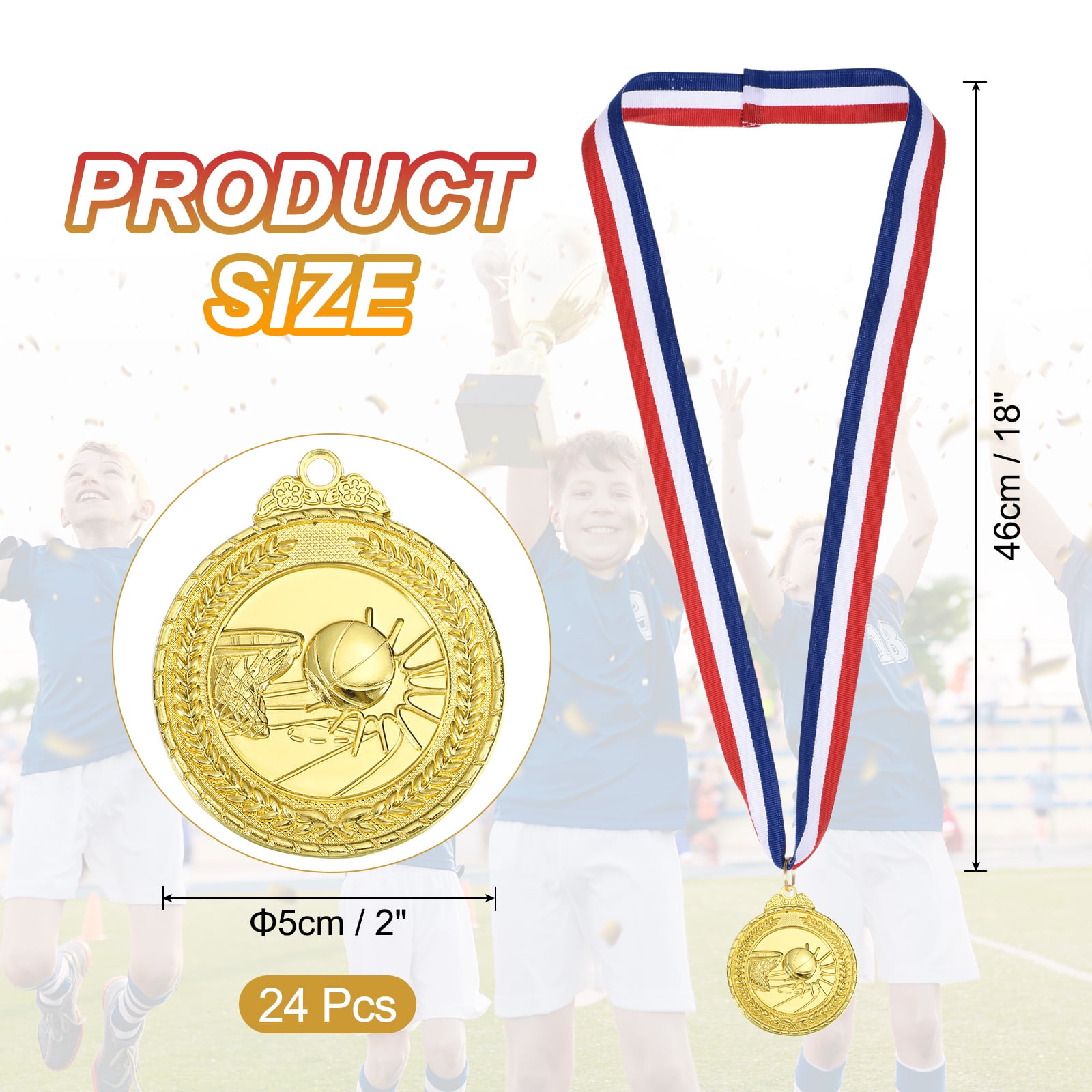 Uxcell 2 Inch Basketball Medals Gold Award Medals with Neck Ribbon for Team Sports Games Party Favors 24 Pieces