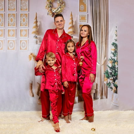 

MRULIC Solid Satin Pajamas Matching Sleepwear Silk Family Set Pants PJ s Nightwear Loungewear For Women Red + XL