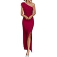 thumbnail image 1 of Vestido PRETTYGARDEN Maxi Rojo Vino con Hombro Descubierto, Fruncido y Abertura Talla M, 1 of 8