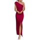 thumbnail image 1 of Vestido PRETTYGARDEN Maxi Rojo Vino con Hombro Descubierto, Fruncido y Abertura Talla M, 1 of 8