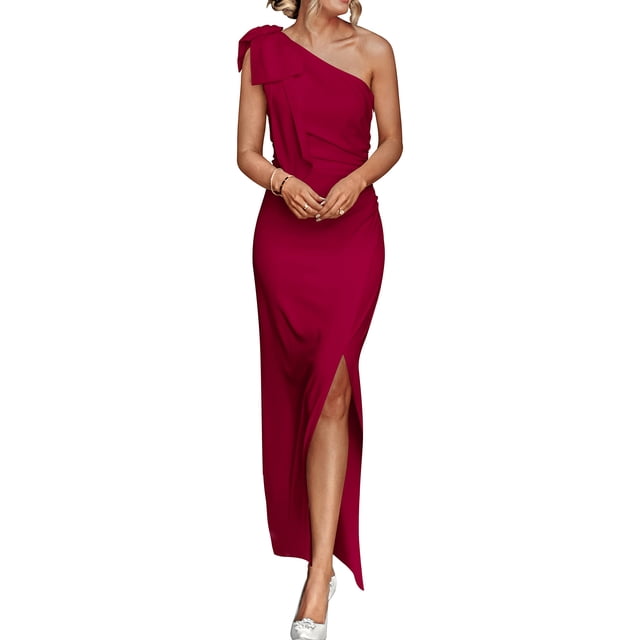 Vestido PRETTYGARDEN Maxi Rojo Vino con Hombro Descubierto, Fruncido y Abertura Talla M