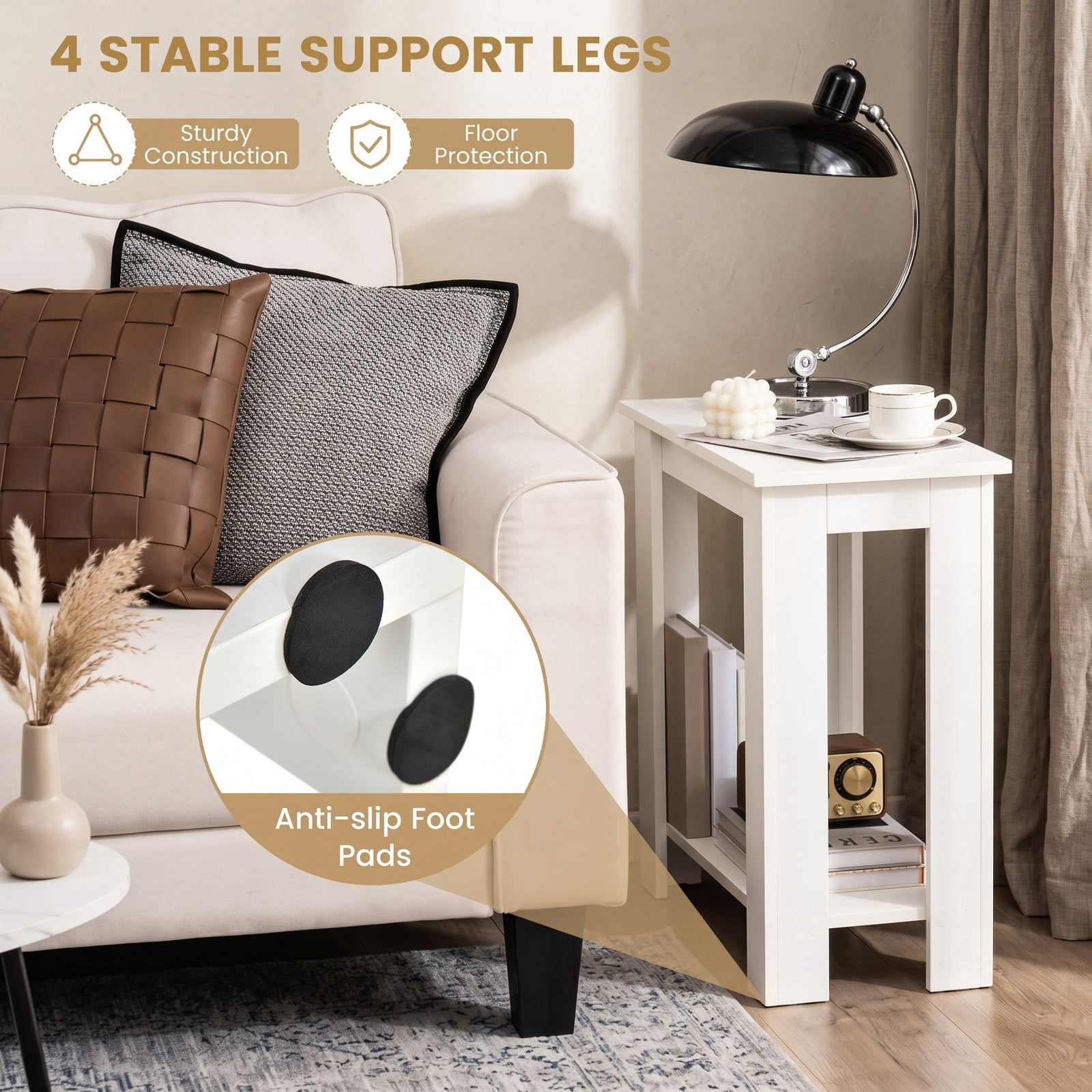 Furnibear 2-Tier End Table with Storage Shelf, Modern Compact Nightstand Sofa Side Table for Living Room Bedroom Small Space, Engineered Wood Bedside Table with, White