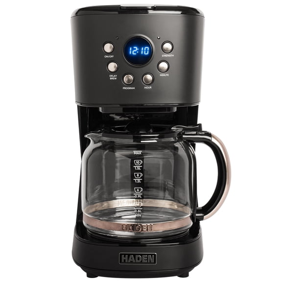 Haden 12 Cup Drip Coffee Maker, Programmable Coffee Machine w/ Auto Shut-Off, Black/Pewter