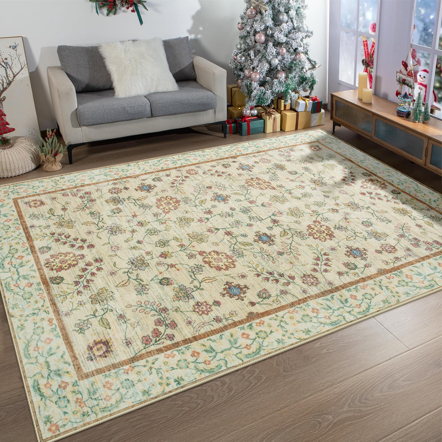 Ultrug Vintage Floral Rugs Soft Boho Area Rug Indoor Carpet for Living Room Bedroom Home Decor,5'x8',Light Yellow