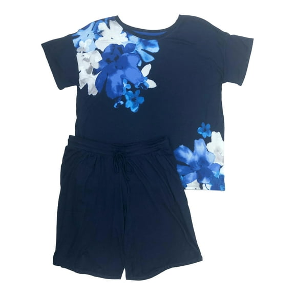 Layla Womens Blue Floral Knit Pajamas T-Shirt & Shorts Sleep Set Large