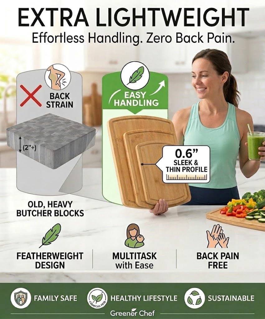 Greener Chef Luxury Bamboo Cutting Board Set of 3, Glue-Free Surface Technology, Extra Spacious XL Wood Kitchen Chopping Boards, Lifetime Replacement