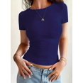 thumbnail image 4 of Womens Basic T Shirts Summer Short Sleeve Crewneck Slim Fit Cute Crop Tops Navy Blue S, 4 of 7