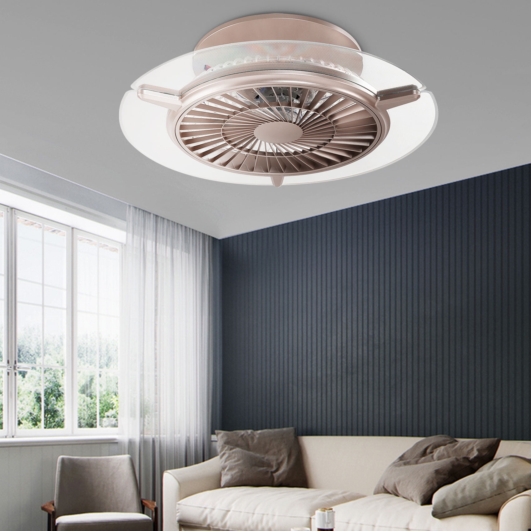 22 Inch Modern LED Semi Flush Mount Ceiling Fan Light LED Lamp W/ Remote Control 