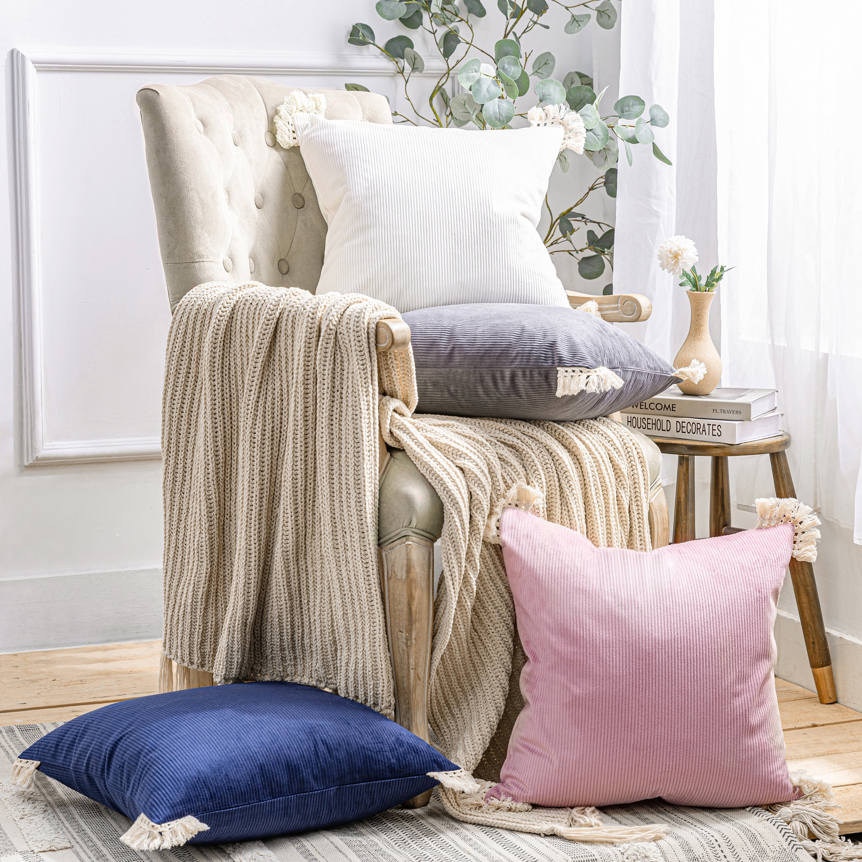 Phantoscope Soft Corduroy Velvet with Cotton Tassel Solid Square Cusion Accent Decorative Throw Pillow for Couch, 20" x 20", Light Gray, 2 Pack