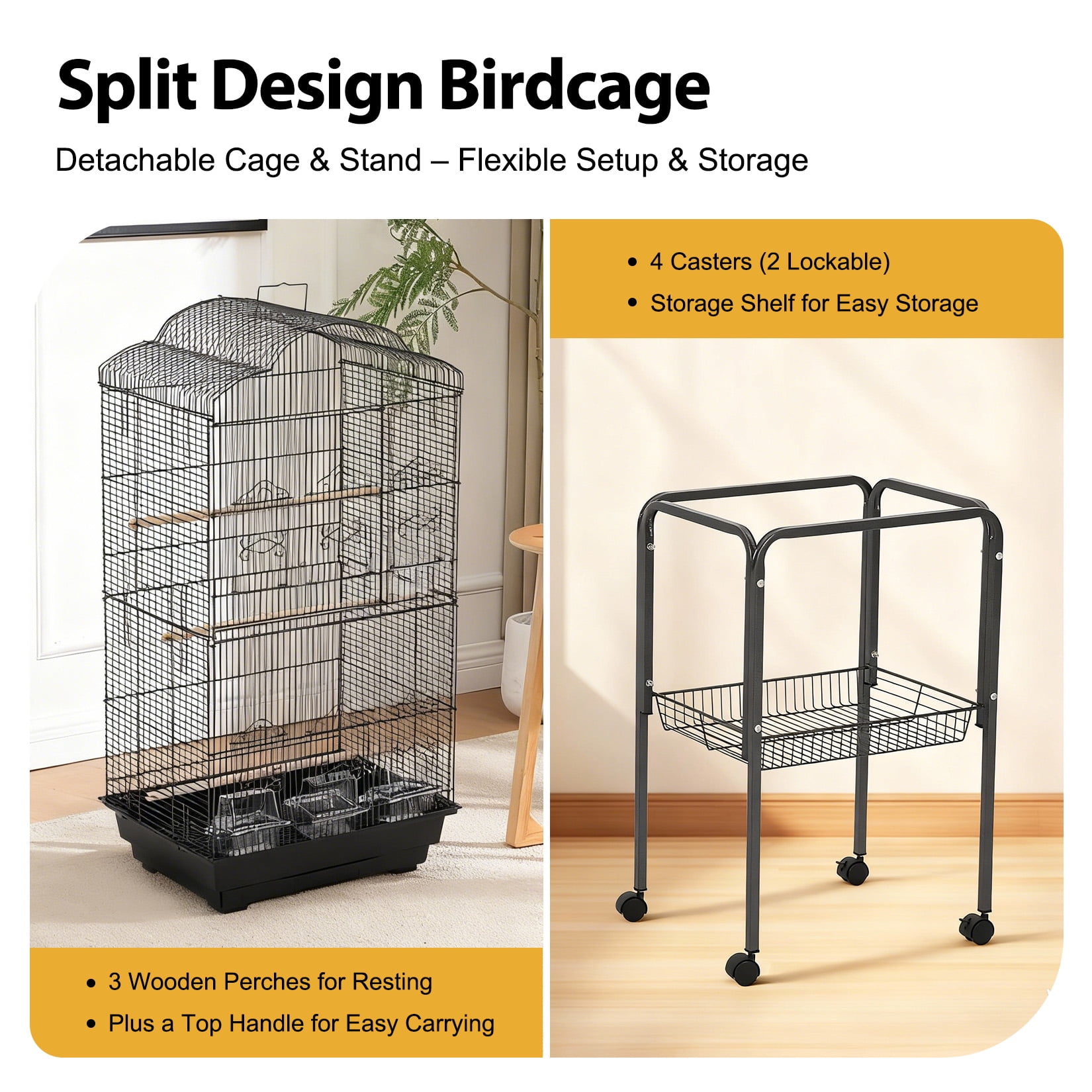 Multi-Level Metal Bird Cage with Storage Shelf & Rolling Stand – 4 Access Doors, Removable Tray, Perches, Food Bowls, Durable, Easy Clean, Detachable Stand – Model 6103H+B2