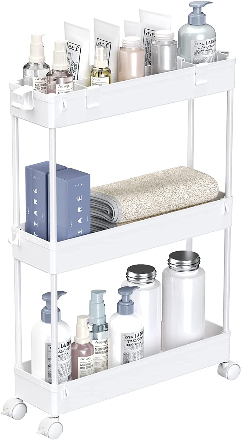 3 Tier Bathroom Rolling Utility Cart Storage, White