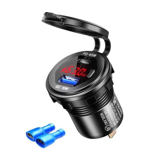Enchufe Cargador Coche USB C 45 W PD Y QC3.0 para Motocicleta Coche (rojo Con Terminal)
