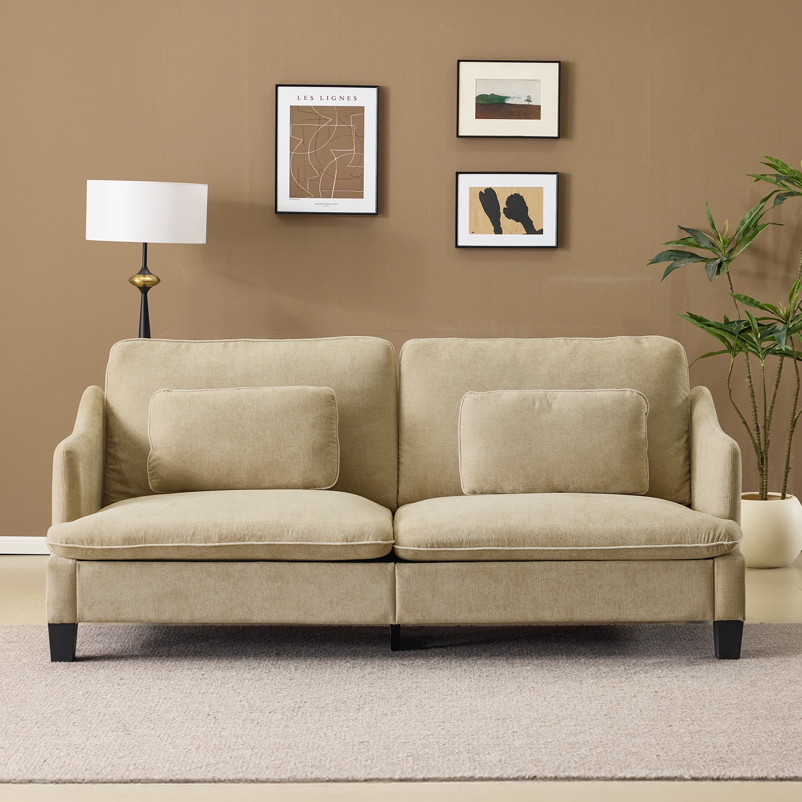 Ktaxon 84" Sofa, Linen Fabric Deep Seat Couch with Lumbar Pillows, Oversized Loveseat for Small Spaces, Living Room Light Khaki