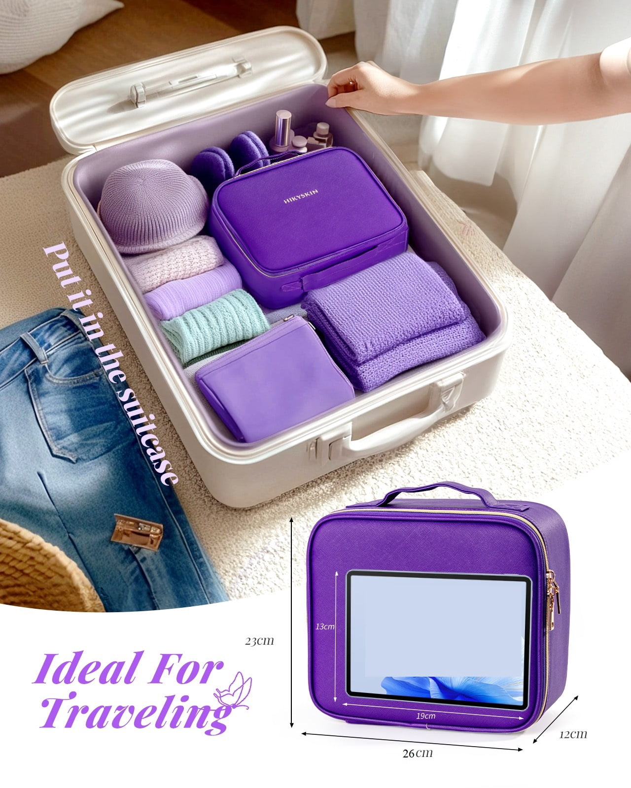 Makeup Bag with Mirror of LED Lighted, Travel Makeup Train Case with Adjustable Dividers, Portable Makeup Cosmetic Bag Organizer(Purple)