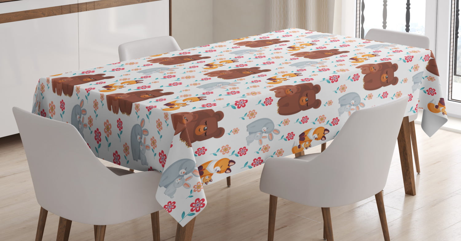 Moslion Fox Tablecloth Home Decor Cute Animal Mother Fox and Son with Berry Cherry Flower Leaf Table Covers Polyester Fabric Decorative Rectangle Tablecloths for Dining Room Kitchen 60x104 Inch 