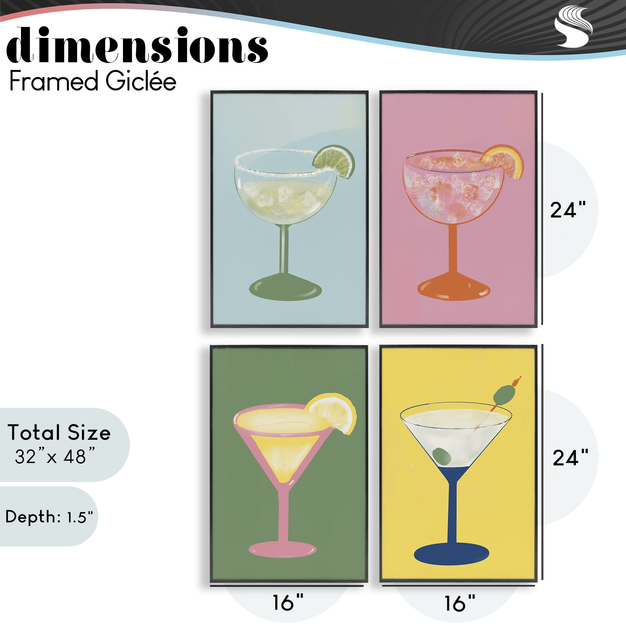 Stupell Industries Stylish & Fun Cocktails 4 Piece Black Framed Giclee Art Set, design by Robin Maria