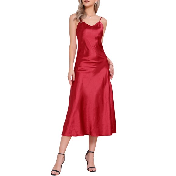 CURVOSPORT Vestido de satén para mujer con tirantes de espagueti, escote en V, elegante vestido maxi deslizante, rojo