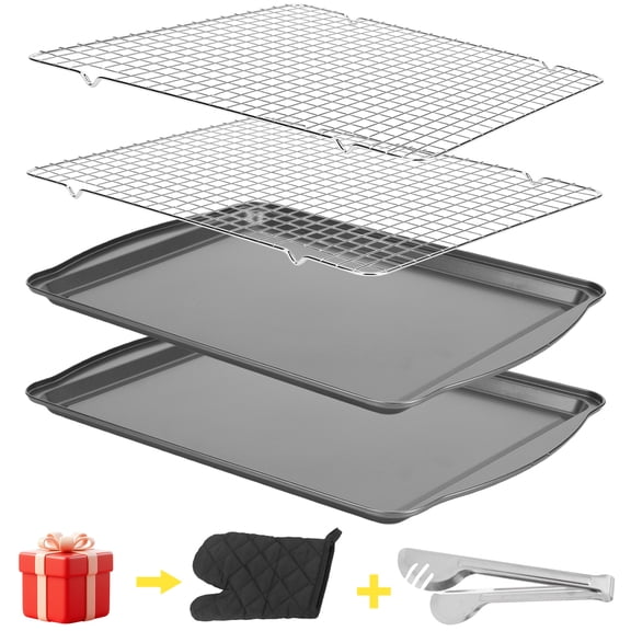 Yucurem 6 Pcs Bakeware Set, 2 Baking Sheet 17" x 11", 2 Wire Cooling Rack 14" x 10", Tongs and Oven Mitts, Non-stick, Gray
