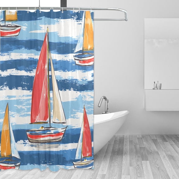 Yayeee Shower Curtain with Hooks 72"x72" Waterproof Fabric Bathroom Hanging Decor, Red Sailboats