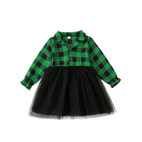KIMI BEAR 3T Toddler Girls Dress 4T Toddler Girls Shirt Dress Lapel Long Sleeves Dress Plaid Print A-line Dress Tulle Dress Green