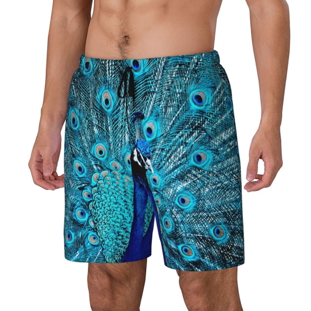 Balery Beautiful Blue Peacock Bañador para hombre, shorts de playa de secado rápido con entrepierna y forro de compresión-Large