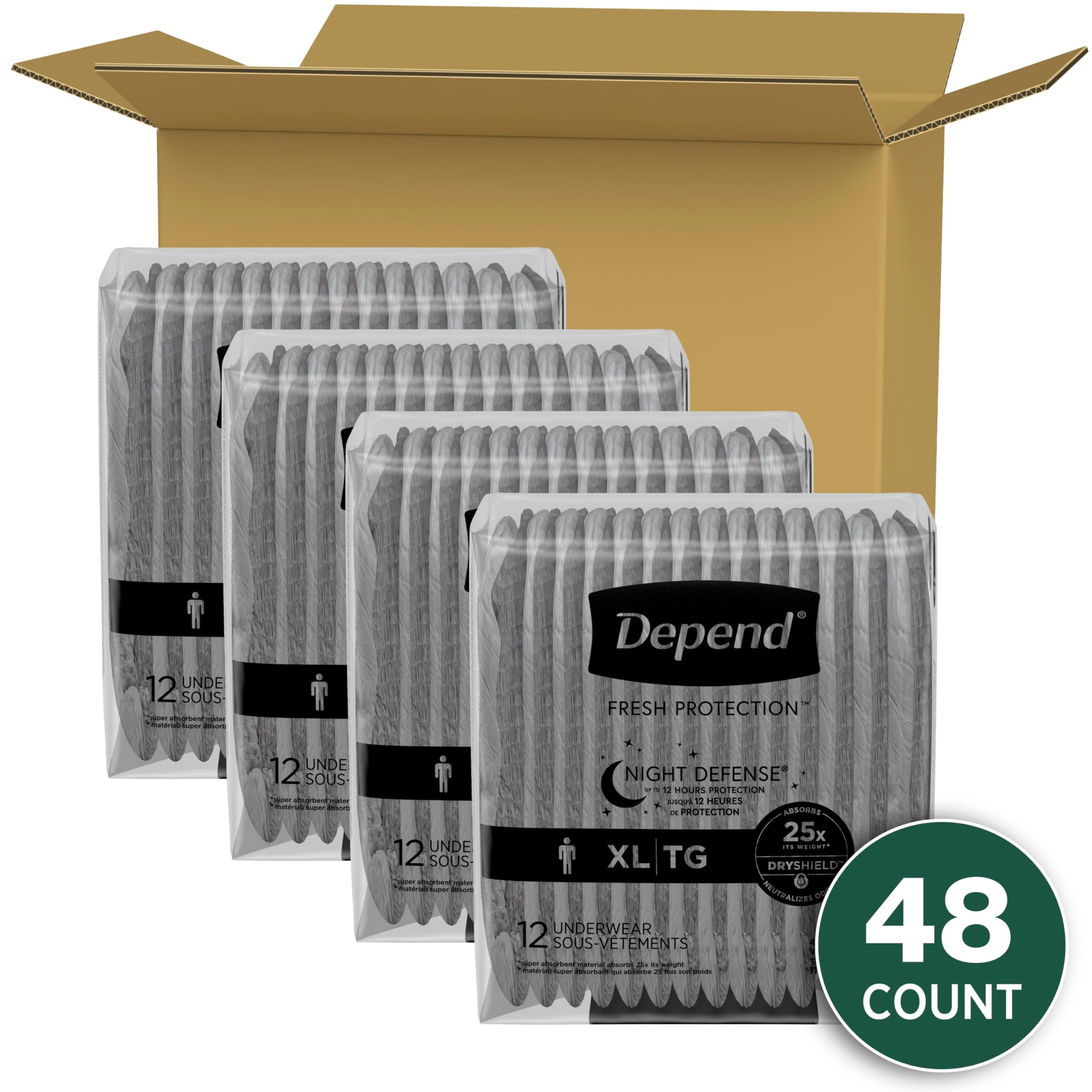 Depend Night Defense Adult Incontinence Underwear for Men, Disposable, Overnight, Extra-Large, Grey, 48 Count (4 Packs of 12), Packaging May Vary