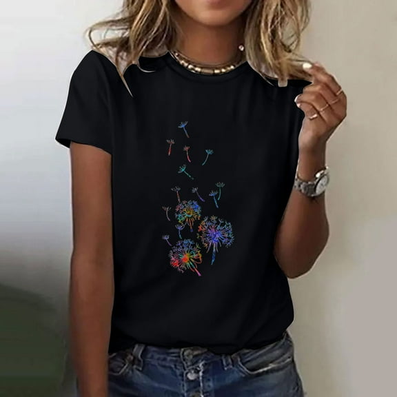 Fesfesfes Workout Shirts for Women Casual T-shirt Printed Round Neck Short Sleeve Pullover Blouse Tops Short Sleeve Workout Tops for Women XL(US:10)