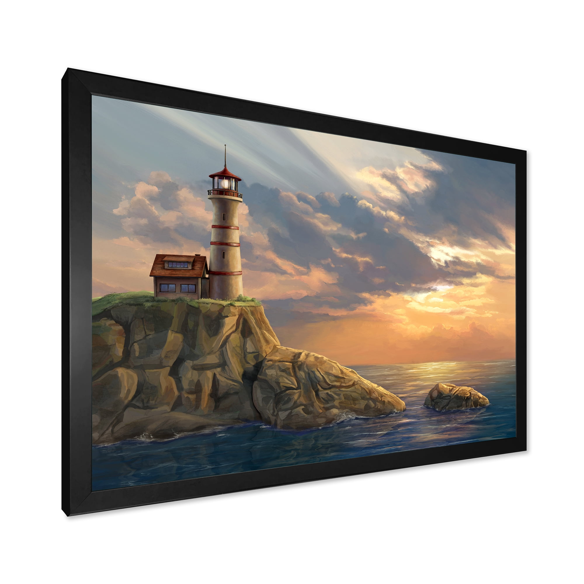 Designart 'Lighthouse On A Rocky Coastal Cliff At Evening Light' Nautical & Coastal Framed Art Print