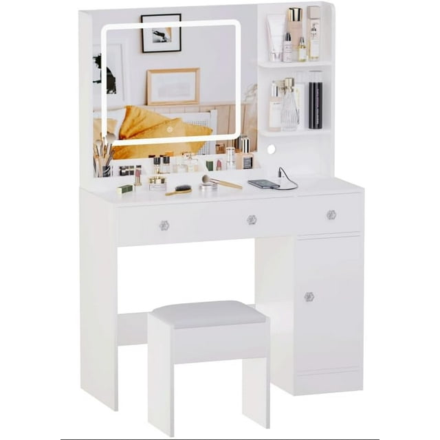 Coiffeuse Moderne à DEL avec Miroir, Table de Maquillage avec Prise d'Alimentation, 3 Tiroirs, 3 Étagères de Rangement, Coiffeuse Compacte de 34,5 Pouces pour Petits Espaces, Table de Maquillage pour Chambres, Blanc