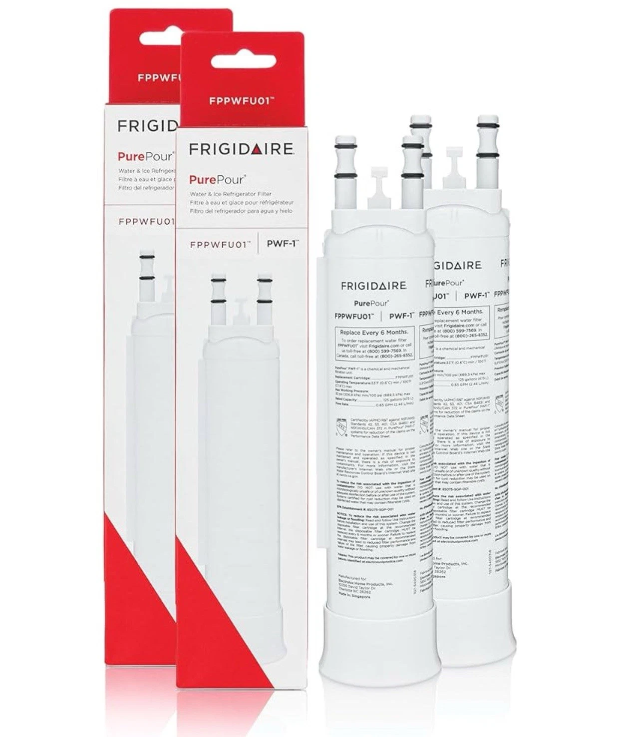 4-Pack FPPWFU01 Refrigerator Water Filter for Frigidaire PWF-1, NSF 42/53 Certified OEM Replacement Cartridge, White