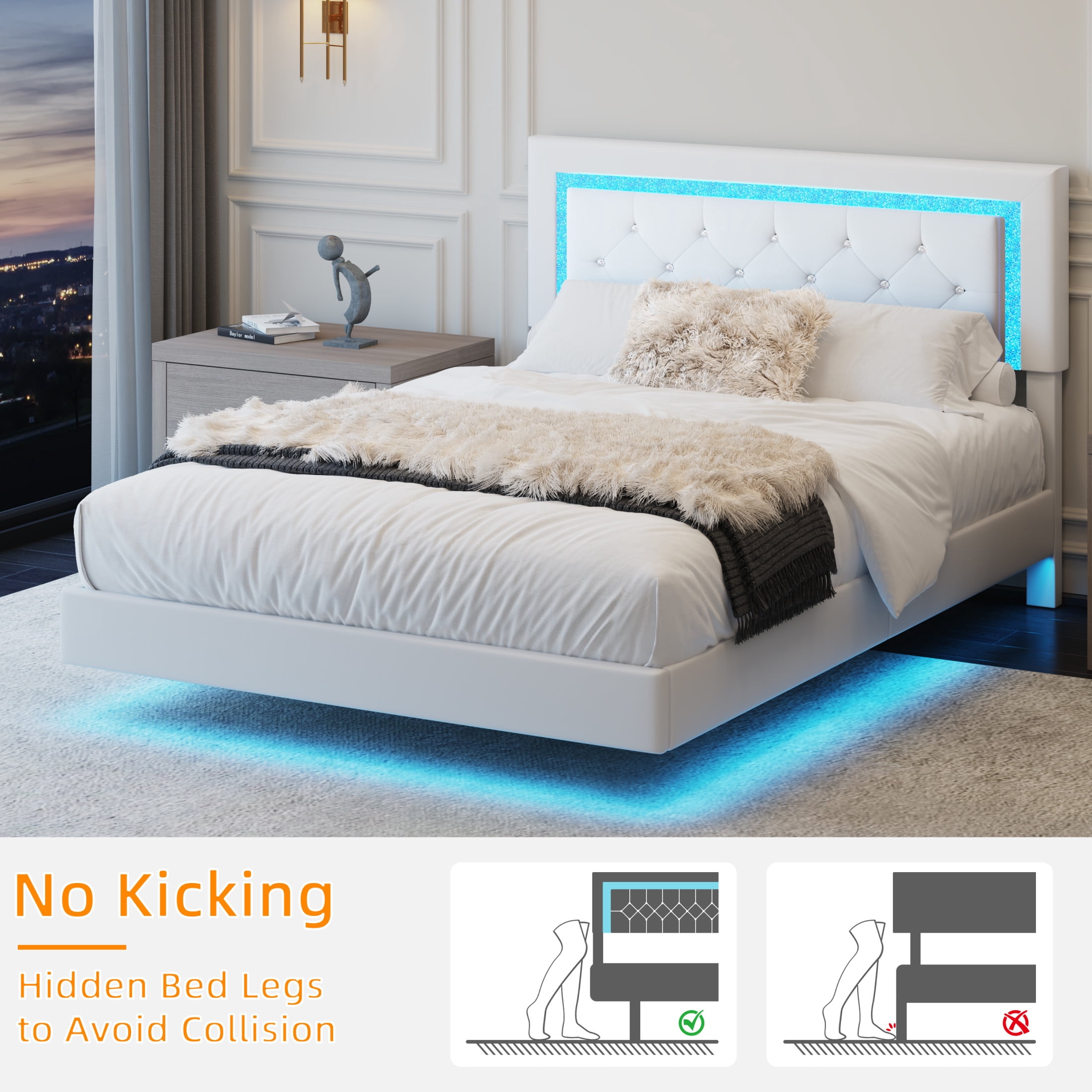 Noble House Elliana Full Size Upholstered Floating Platform Bed Frame with Diamond Tufted Headboard, LED Lights, Beige White