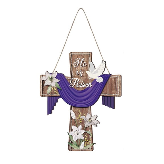 PEIBang Easter Cross Door Sign,He Is Risen Easter Decoration,Easter Hanging Cross Door Wreath for Farmhouse Front Door Porch Wall Decor