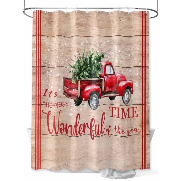 nqOlkjepod Christmas Shower Curtain, Waterproof Shower Curtains for Bathroom, Xmas Truck Tree Snowflake Red Striped Vintage Washable Bathtub Curtain Set Bath Decor with 12 Hooks Extra Long 72"x96"