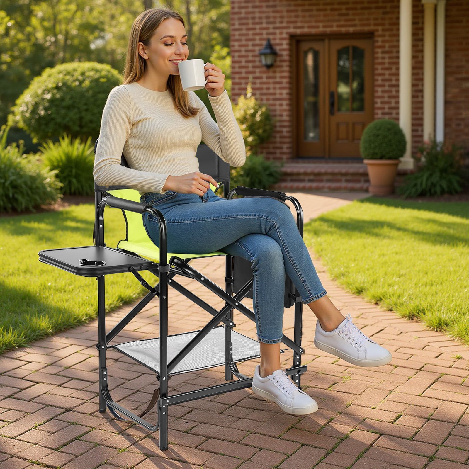 26" Tall Directors Chair with Footrest, 4Portable Bar Height Folding Camping Chair with Built-in Cup Holder, Side Table, Storage Pocket, Neon Green
