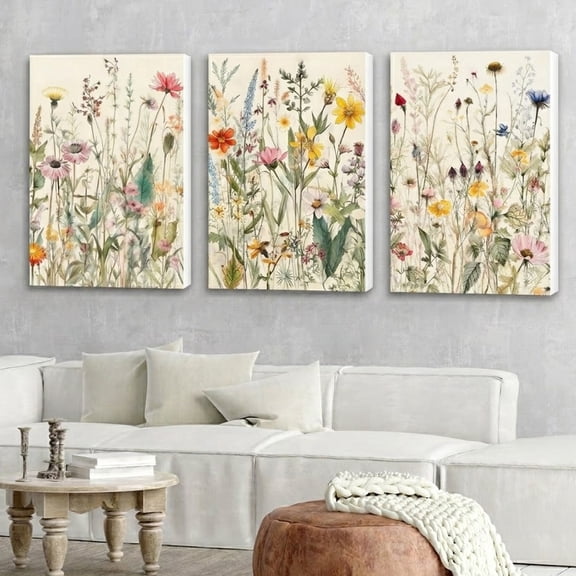 J_968 , Set of 3, 5x7 Size, Stretched Canvas Wall Art, Vintage Wildflower Botanical Floral Painting, Set of 3 Prints