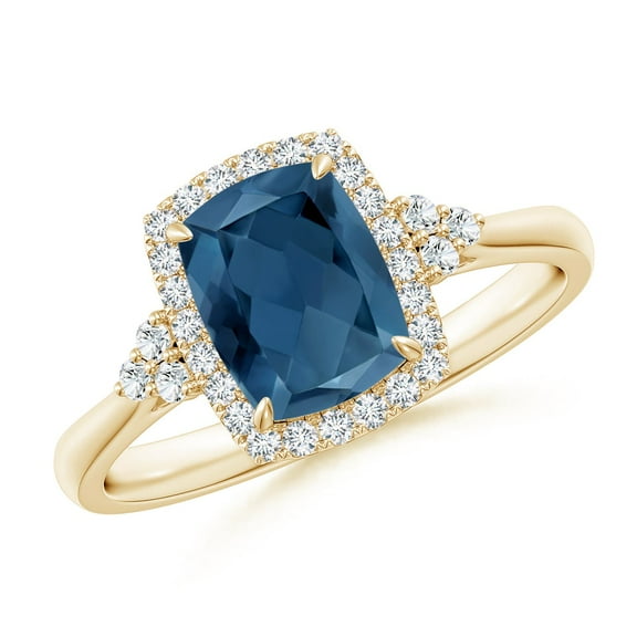 ANGARA Natural Cushion 1.6 ct London Blue Topaz Halo Ring with Trio Diamonds in 14K Yellow Gold for Women (Size-8x6mm) | November Birthstone Jewelry for Women | London Blue Topaz Ring (Ring Size- 7.5)