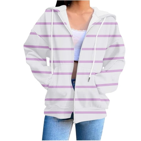 Full-zip Hoodie jackets for Women with Pocket Long Sleeve Cotton Fleece Mid Weight Zipper Hooded Sweatshirt Coat (XL White|Striped)