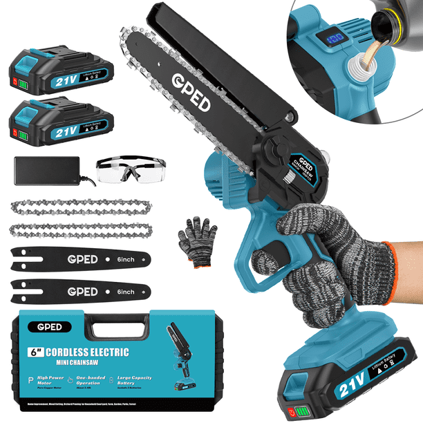 GPED Mini Motosierra Inalámbrica de 6 Pulgadas con 2 Baterías, Mini Motosierra Eléctrica con Bloqueo de Seguridad, Motosierra Eléctrica, Motosierra Pequeña de Mano para Recortar Árboles y Cortar Made