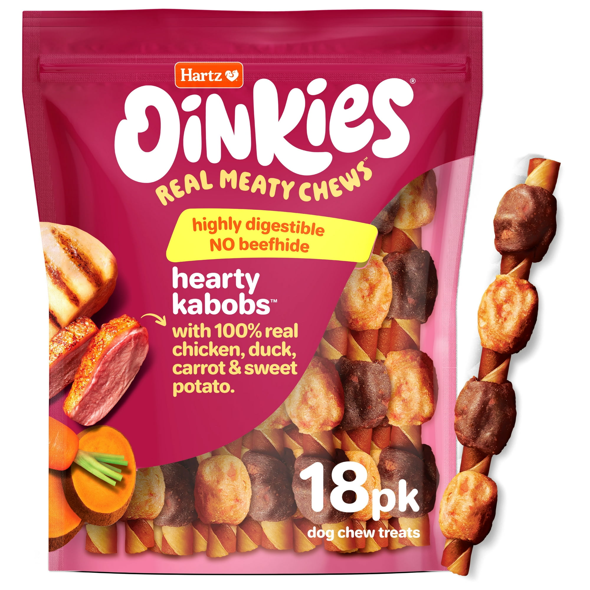 Hartz Oinkies Hearty Kabobs Rawhide‑Free Dog Treats with Chicken, Duck, Sweet Potato, and Carrot, Highly Digestible Dog Chews, 18 Count