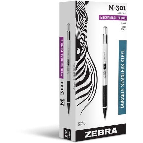 Zebra Pen M-301 Stainless Steel Mechanical Pencils 0.5 mm Lead Diameter - Refillable - Black Stainless Steel Barrel