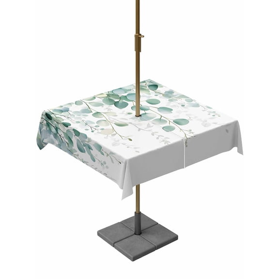 Outdoor Table Cloth with Umbrella Hole and Zipper, Eucalyptus Leaves Waterproof Square Tablecloth 54"x54", Green Botanical Summer Spring Leaves Washable Table Cover for Outside Party Patio Picnic
