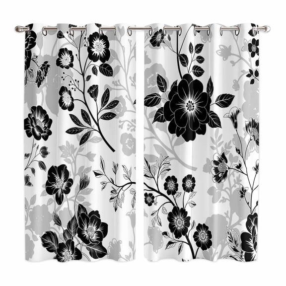 Vintage Flowers Kitchen Curtains 84 Inch Length, Black White Farmhouse Floral Plants Grommet Top Bedroom Living Room Curtains, Light Filtering Cafe Curtain Drapes 2 Panels Set 104''x84''