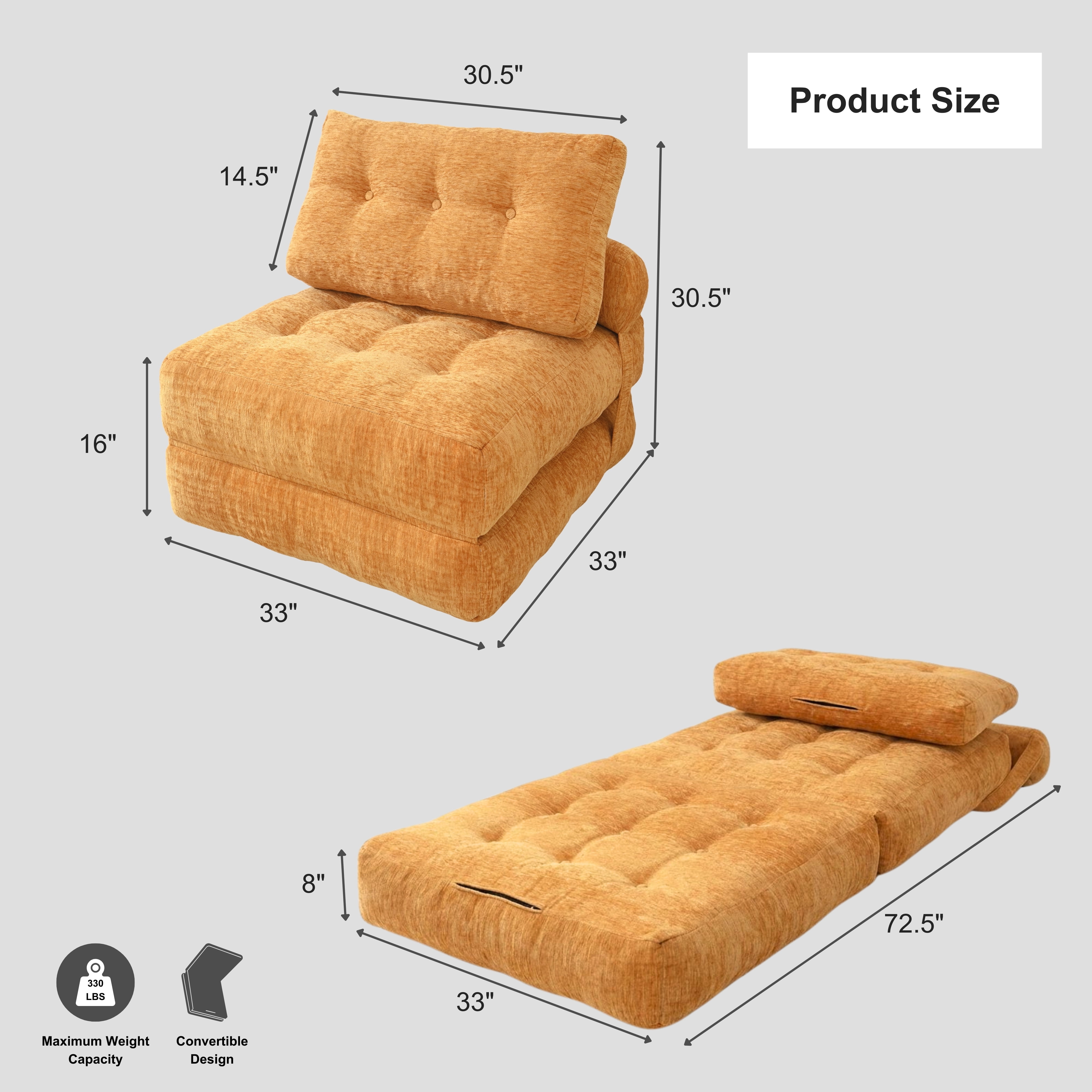 Oak and Birch Boneless Folding Sofa Bed, Convertible Floor Futon Chaise Lounge & Sleeper Bed, Shredded Foam Floor Couch for Living Room, Bedroom, Kids Room, Apartment, Chenille, Burnt Orange