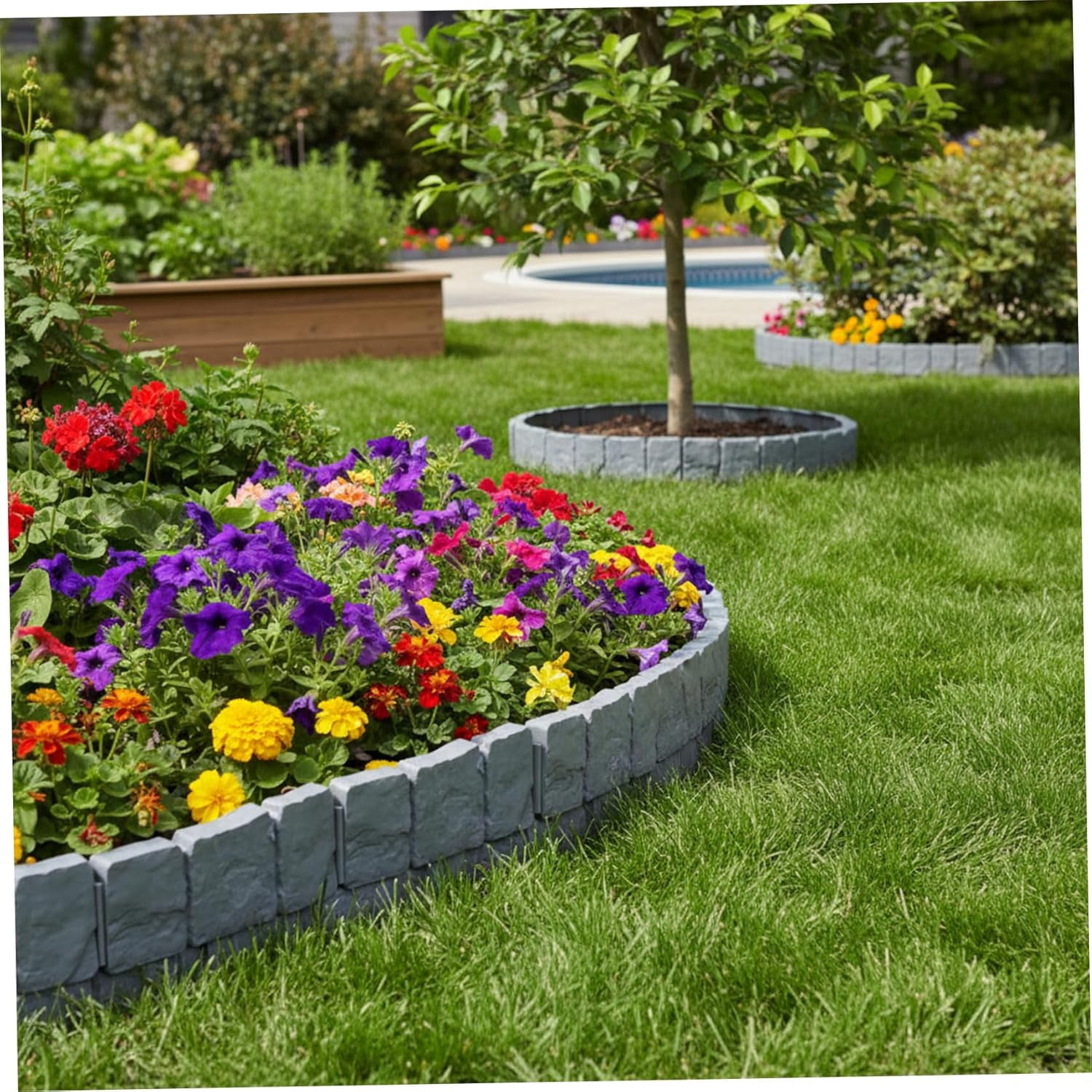 Garden Edging Border, Faux Stone Edging with Easy Installation, 20-Pack Interlocking Plastic Landscape Border for Yard, Flower Bed, and Lawn, Faux Stone Black