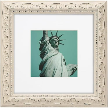 WYNCO 8x8 inch Distressed Wood Embossed Scroll Motif Vintage Antique Rustic Picture Frame, White Mat for 5x5 in Photo, Art Print Drawing, Wall Hanging or Desktop Display-Washed White