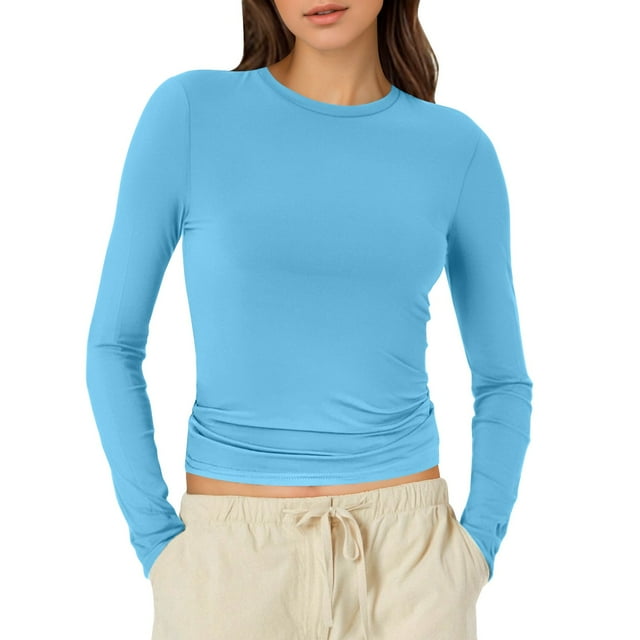 T-Shirts pour Femmes 2025, T-Shirts Femmes, T-Shirt à Manches Longues pour Femmes Col Rond T-Shirt Long pour Femmes Col Crop Top Tee T-Shirt Chemise Basique Unie Ajustée pour Femmes Coupe Ajustée Chemise Courte