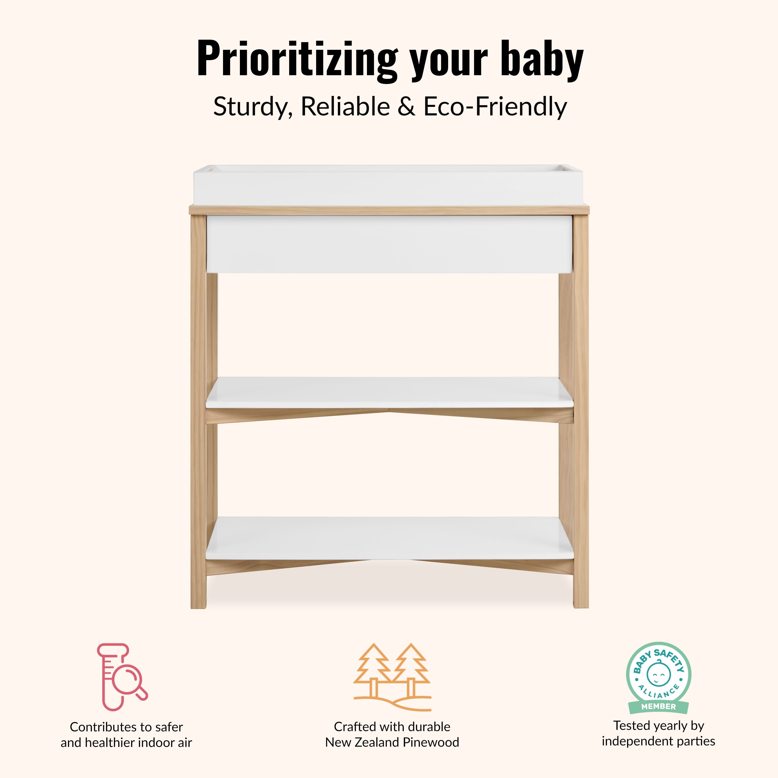 Dream On Me Owen Changing Table in Vintage White Oak, JPMA Certified, with two bottom shelves for storage