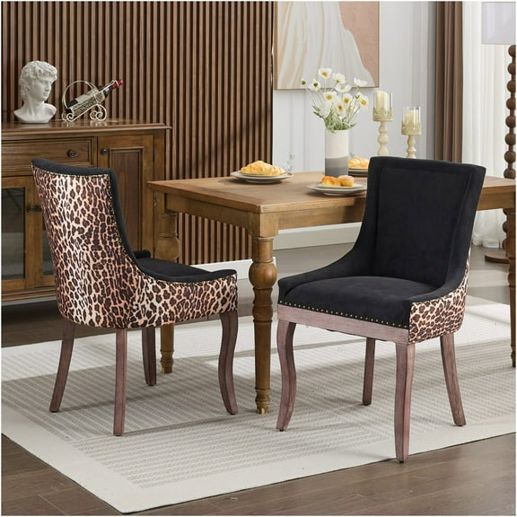 JERFIT Modern Leopard Print Dining Chairs Set of 2, Upholstered Side Chairs with Solid Wood Legs and Bronze Nailhead Trim for Kitchen Dining Room