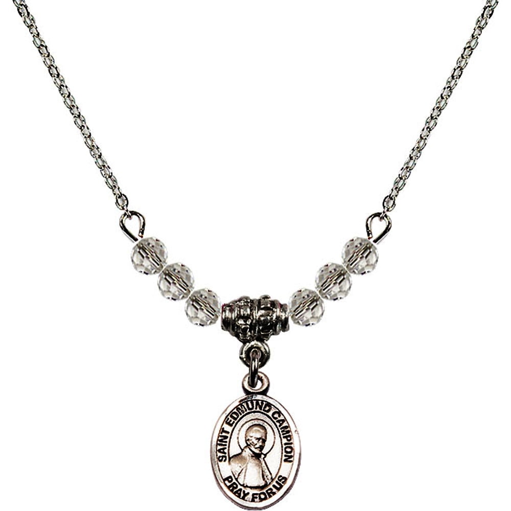 Bonyak Jewelry 18 Inch Rhodium Plated Necklace w// 4mm Blue March Birth Month Stone Beads and Saint Joseph Charm